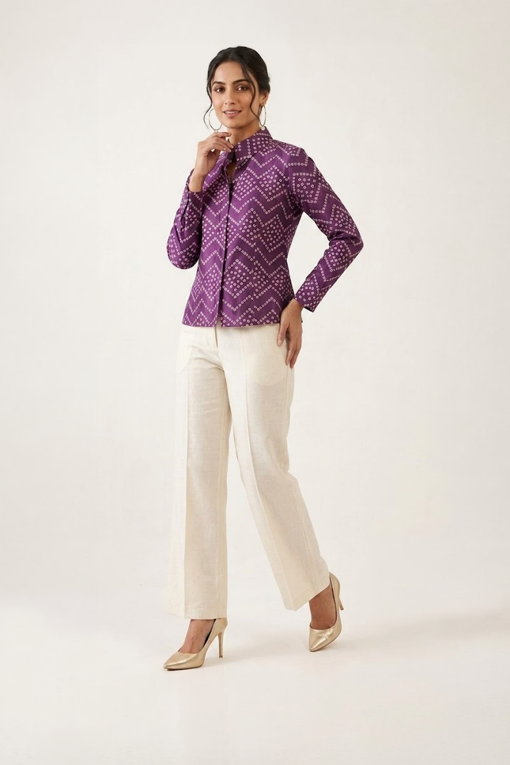 Purple bandhani top with high collar and full sleeves