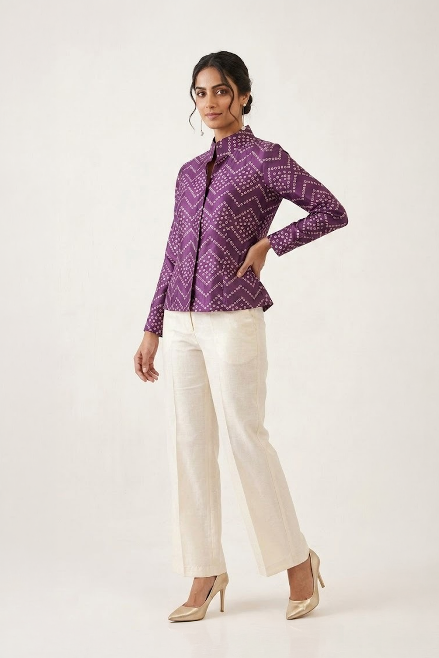 Purple bandhani top with high collar and full sleeves