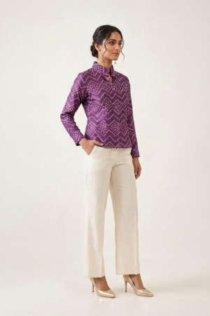 Purple bandhani top with high collar and full sleeves