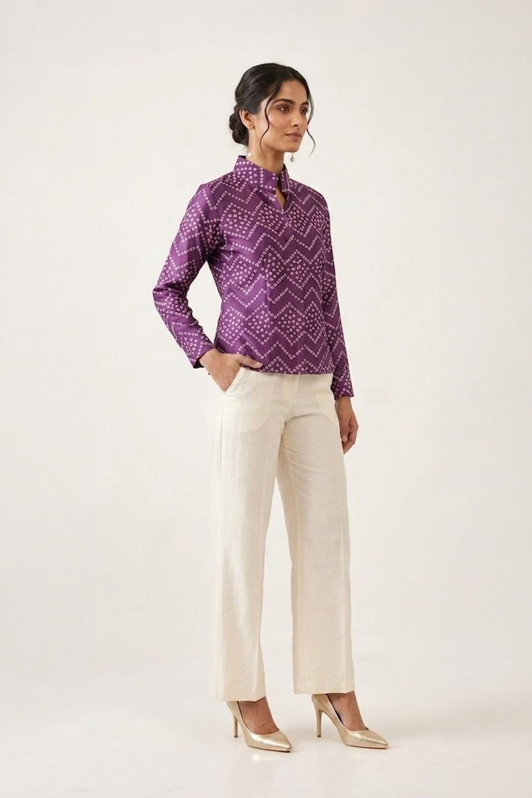 Purple bandhani top with high collar and full sleeves