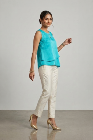 Turquoise sleeveless top with layered asymmetric hem