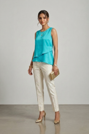 Turquoise sleeveless top with layered asymmetric hem