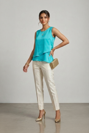 Turquoise sleeveless top with layered asymmetric hem