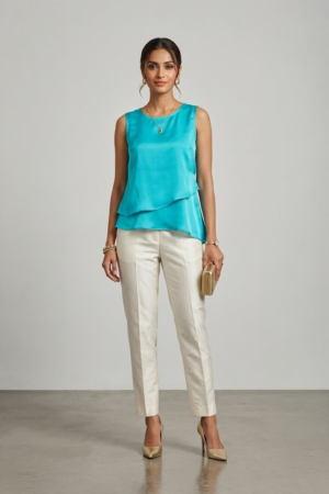 Turquoise sleeveless top with layered asymmetric hem
