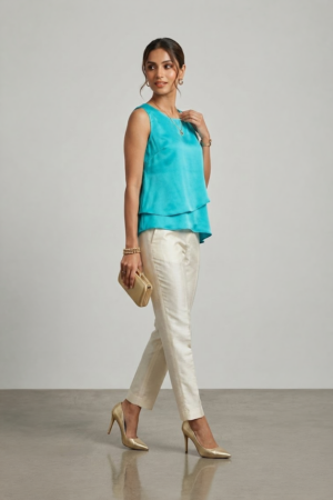 Turquoise sleeveless top with layered asymmetric hem