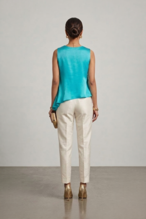Turquoise sleeveless top with layered asymmetric hem