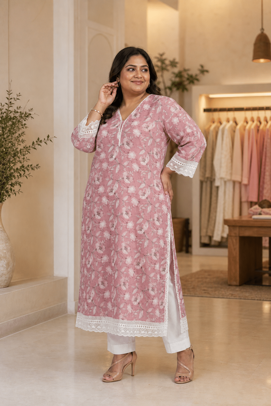 Plus-size woman wearing a pink floral kurta set at Ivory by Radhika