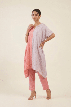 Coral lilac kaftan pant set with embellishments and matching coral pants