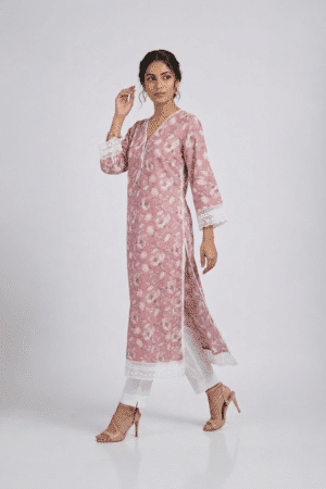 Pink Floral Kurta Set with white lace trim and matching white pants