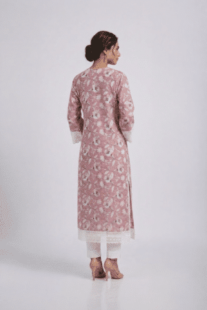 Pink Floral Kurta Set with white lace trim and matching white pants