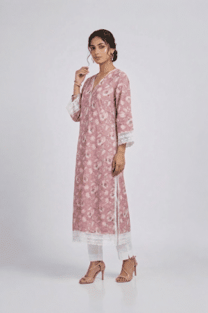 Pink Floral Kurta Set with white lace trim and matching white pants