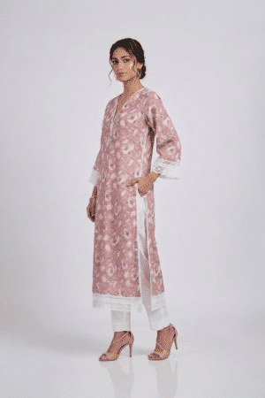 Pink Floral Kurta Set with white lace trim and matching white pants