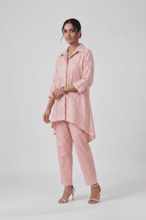 Pink Sequin Tunic Set with collared high-low top and matching straight pants