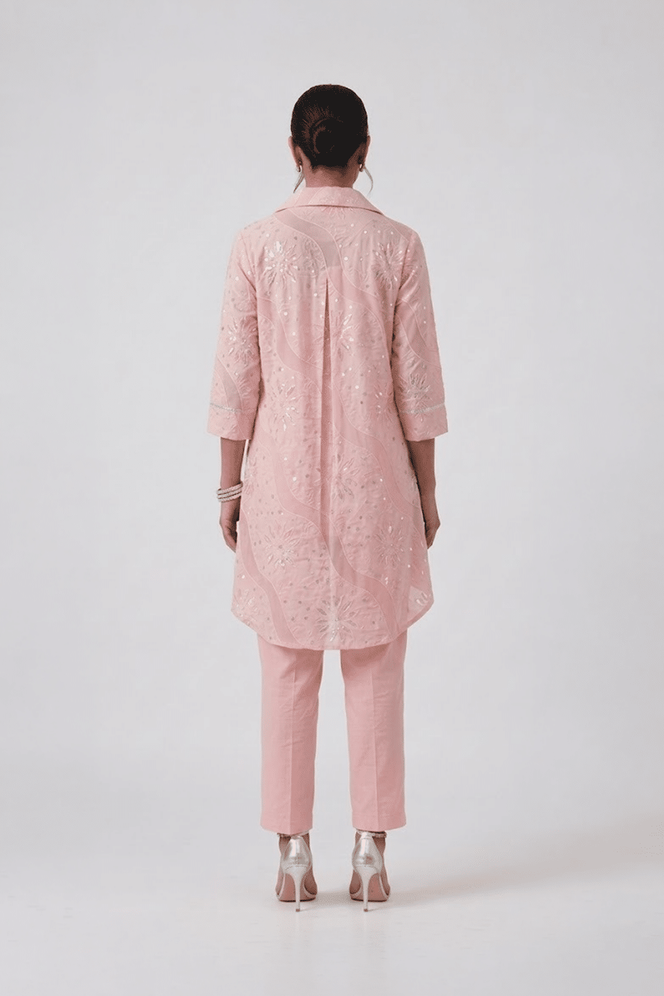 Pink Sequin Tunic Set with collared high-low top and matching straight pants