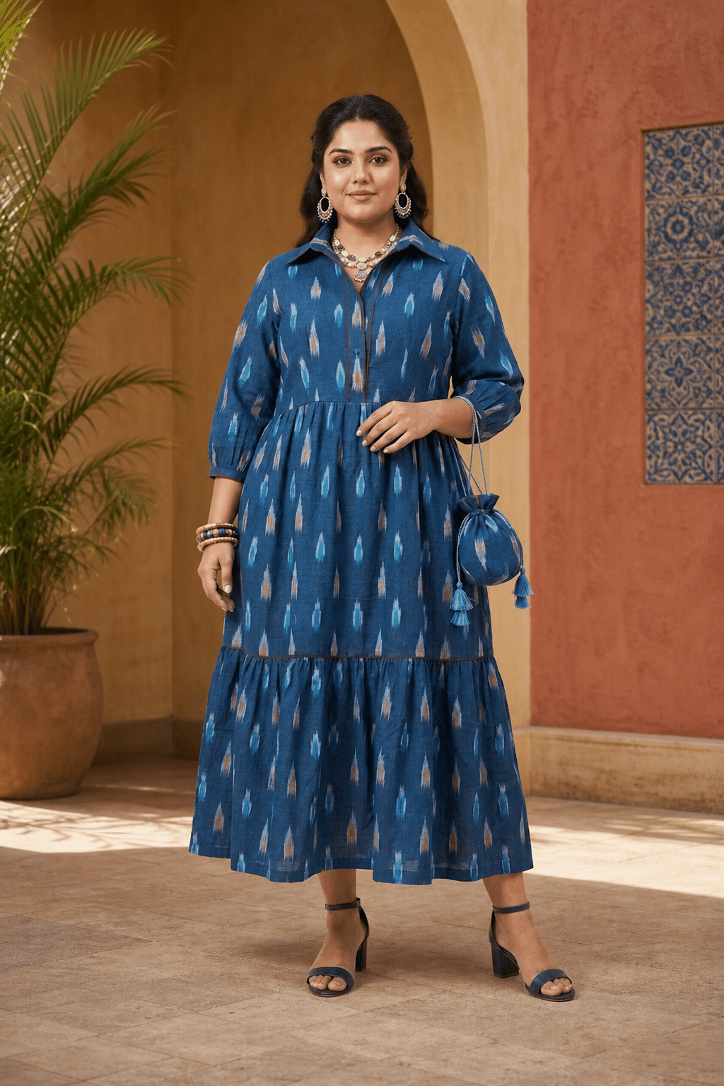 Plus-size woman wearing an indigo ikat Indo-Western midi dress