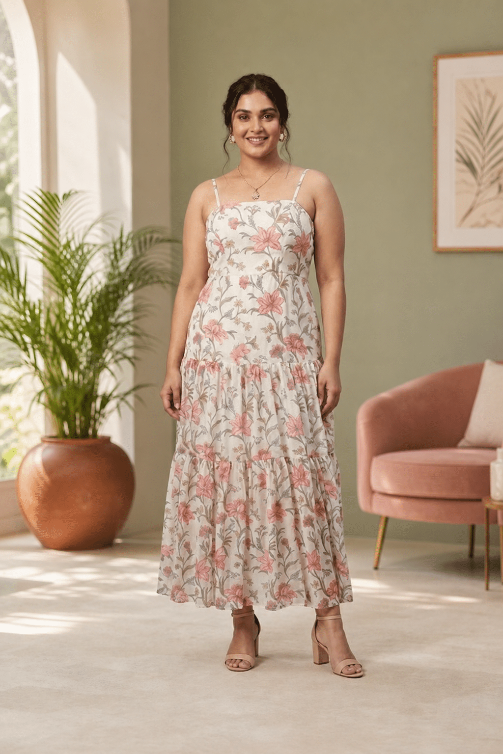 Plus-size woman wearing an ivory floral tiered maxi dress