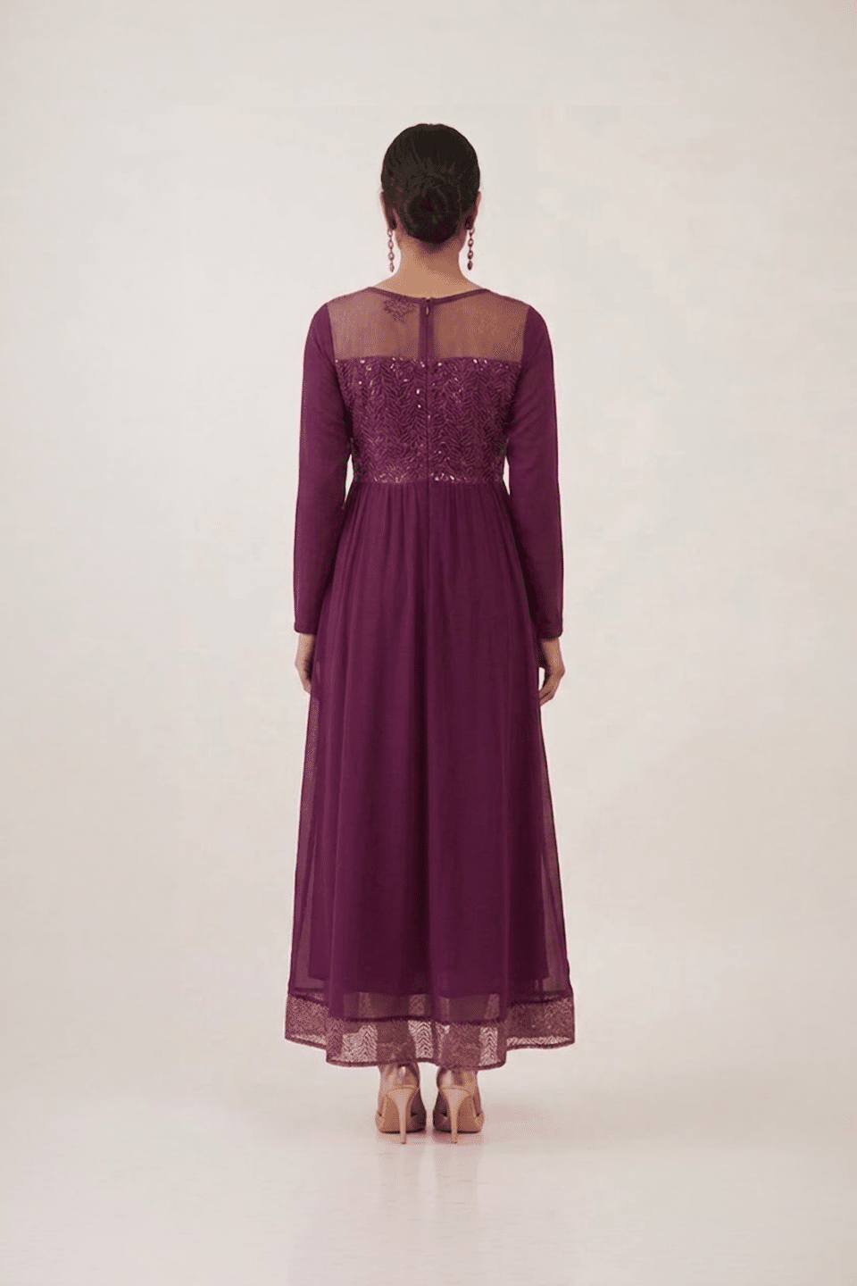 Plum Embellished Maxi Dress with sequin bodice, lace yoke and long sleeves