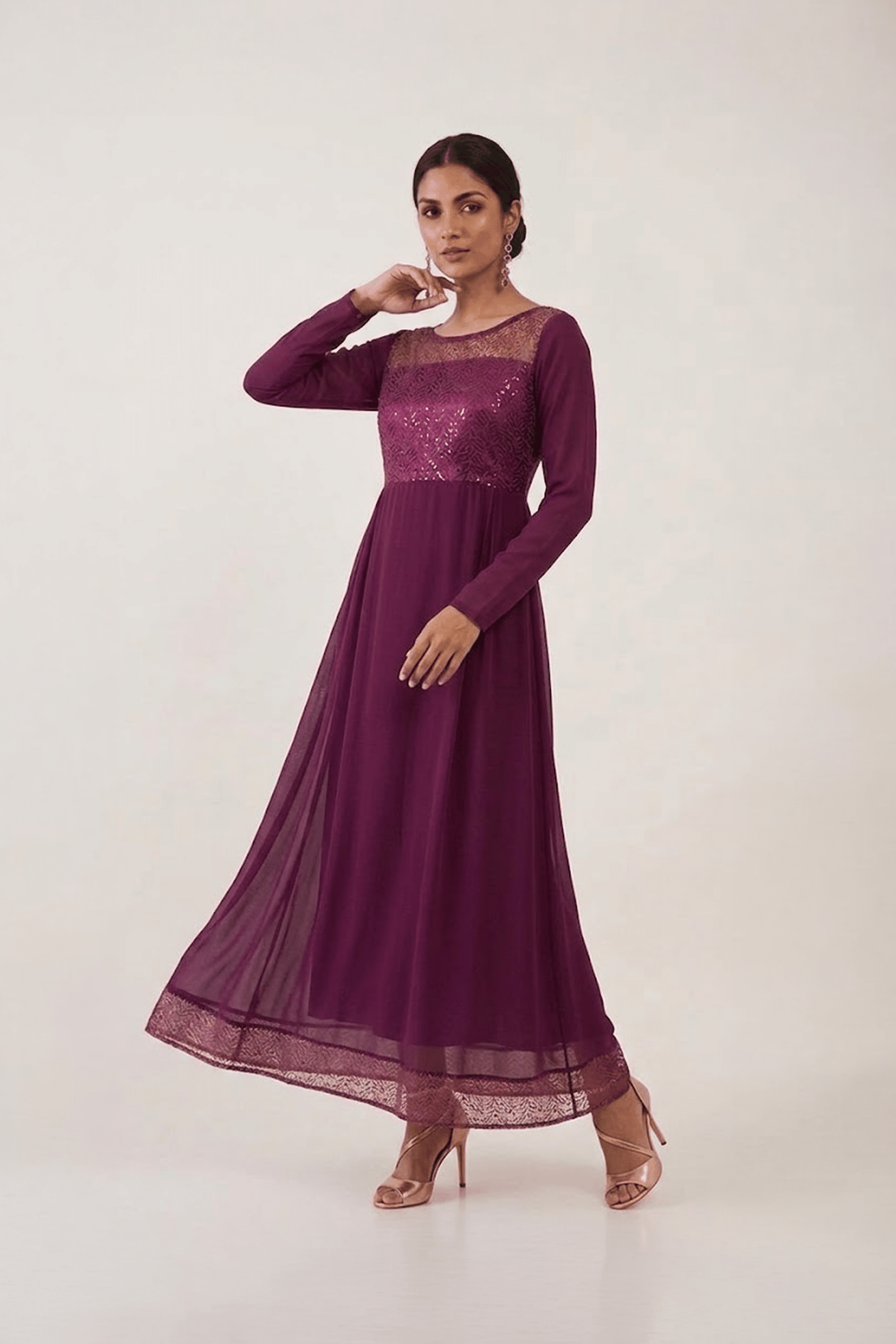 Plum embellished Indo-Western maxi dress by Ivory by Radhika