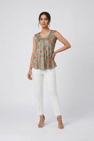 Sage green floral top with coral print and front pleats