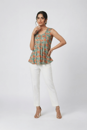 Sage green floral top with coral print and front pleats