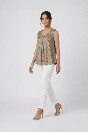 Sage green floral top with coral print and front pleats