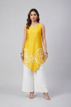 Yellow floral asymmetric tunic set with white wide-leg pants