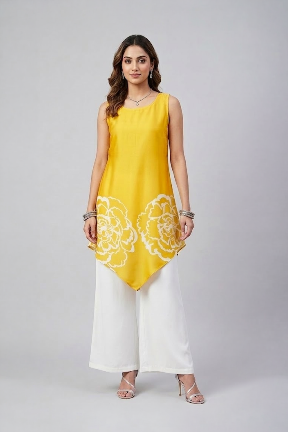 Yellow Floral Asymmetric Tunic Set