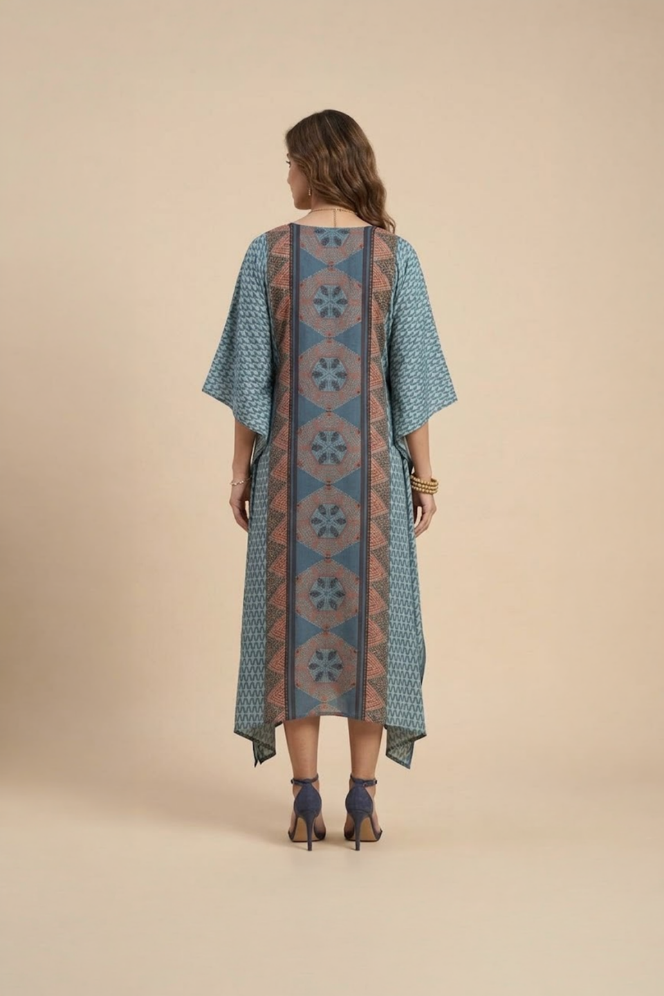 Blue Geometric Kaftan Dress with contrast printed panel and asymmetric hem