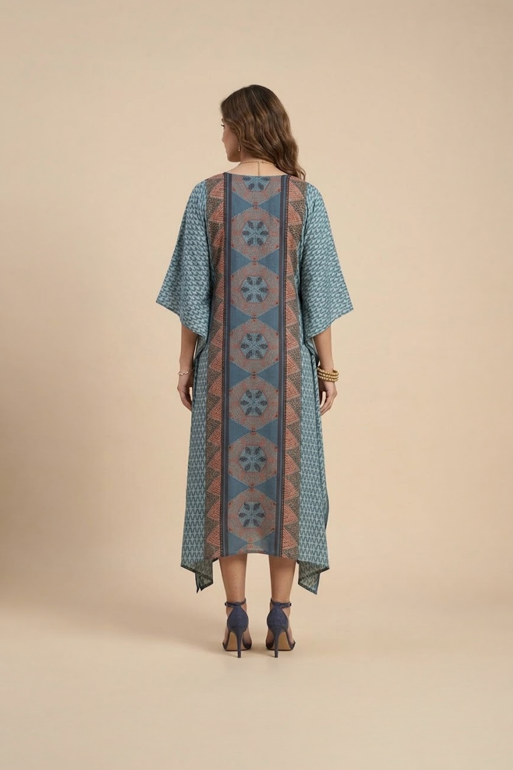 Blue Geometric Kaftan Dress with contrast printed panel and asymmetric hem