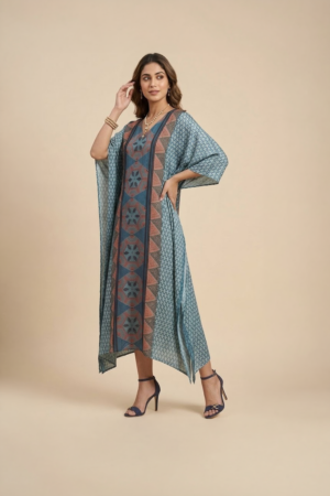 Blue Geometric Kaftan Dress with contrast printed panel and asymmetric hem