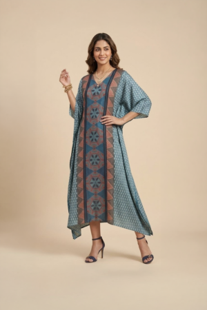 Blue Geometric Kaftan Dress with contrast printed panel and asymmetric hem
