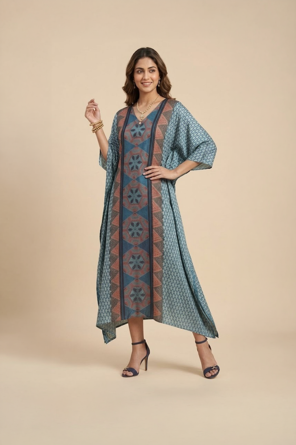 Blue Geometric Panel Kaftan Dress
