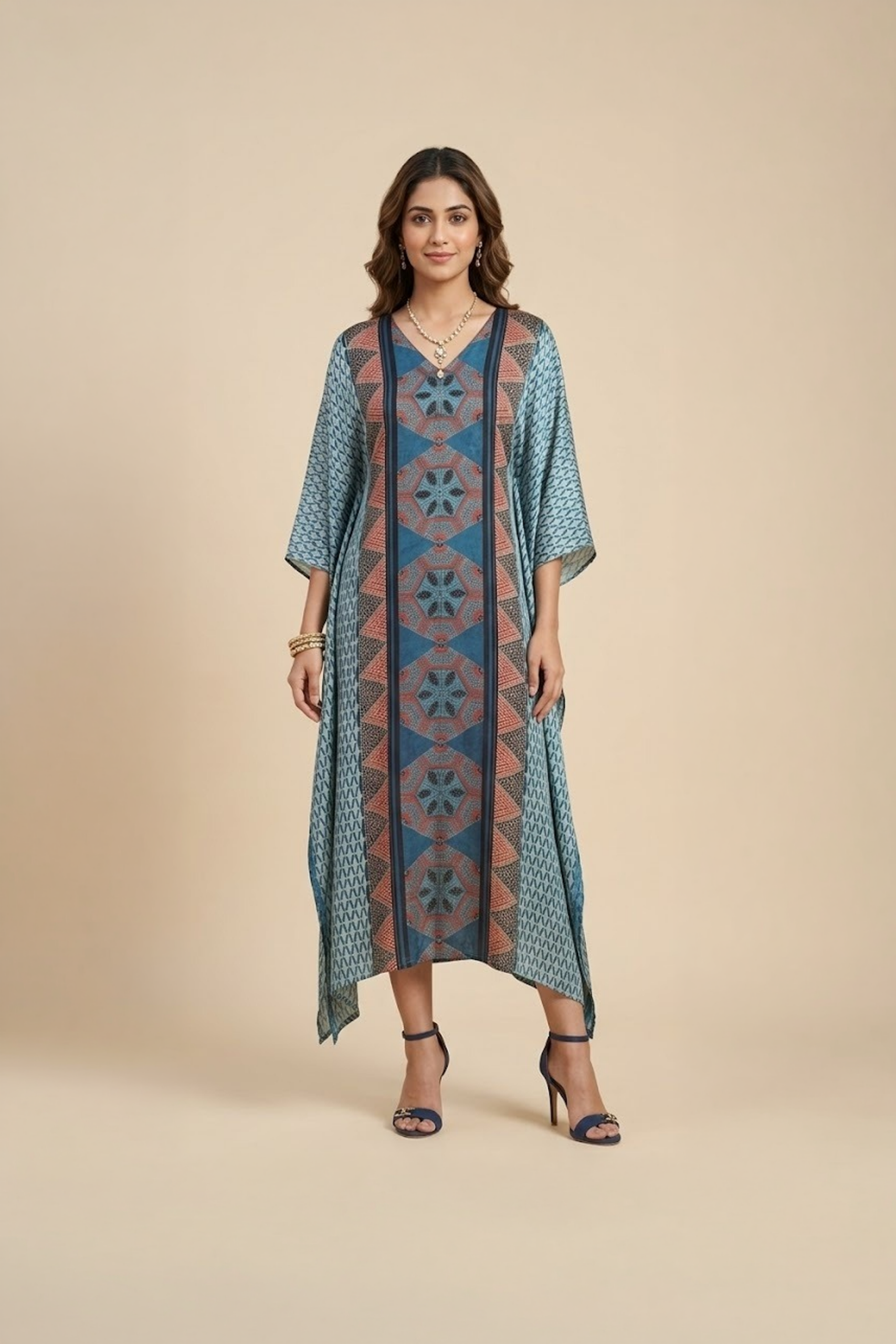 Blue Geometric Kaftan Dress with contrast printed panel and asymmetric hem