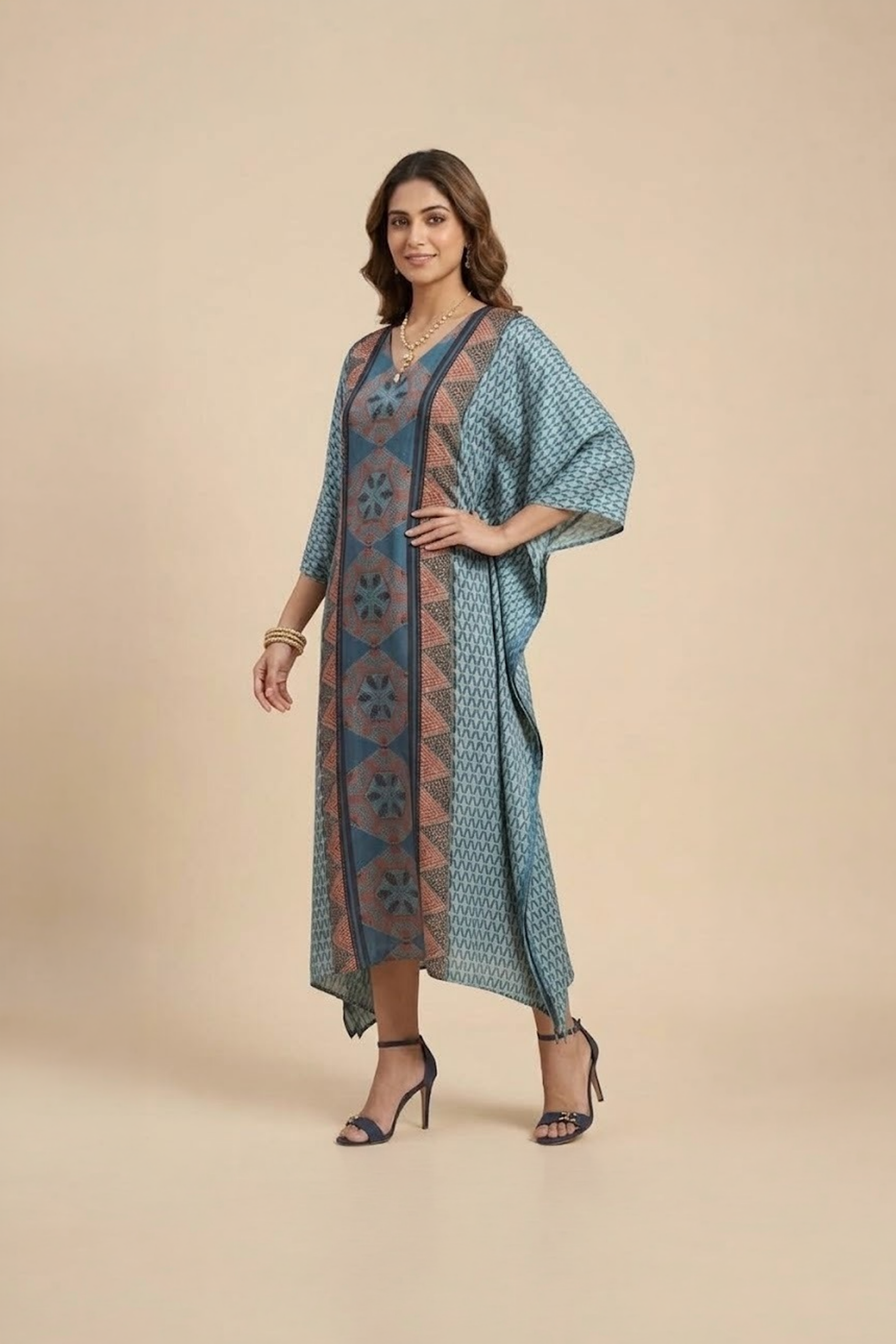 Blue Geometric Kaftan Dress with contrast printed panel and asymmetric hem