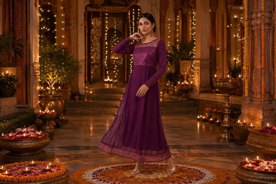 Woman wearing a plum sequin maxi dress in an elegant Diwali courtyard