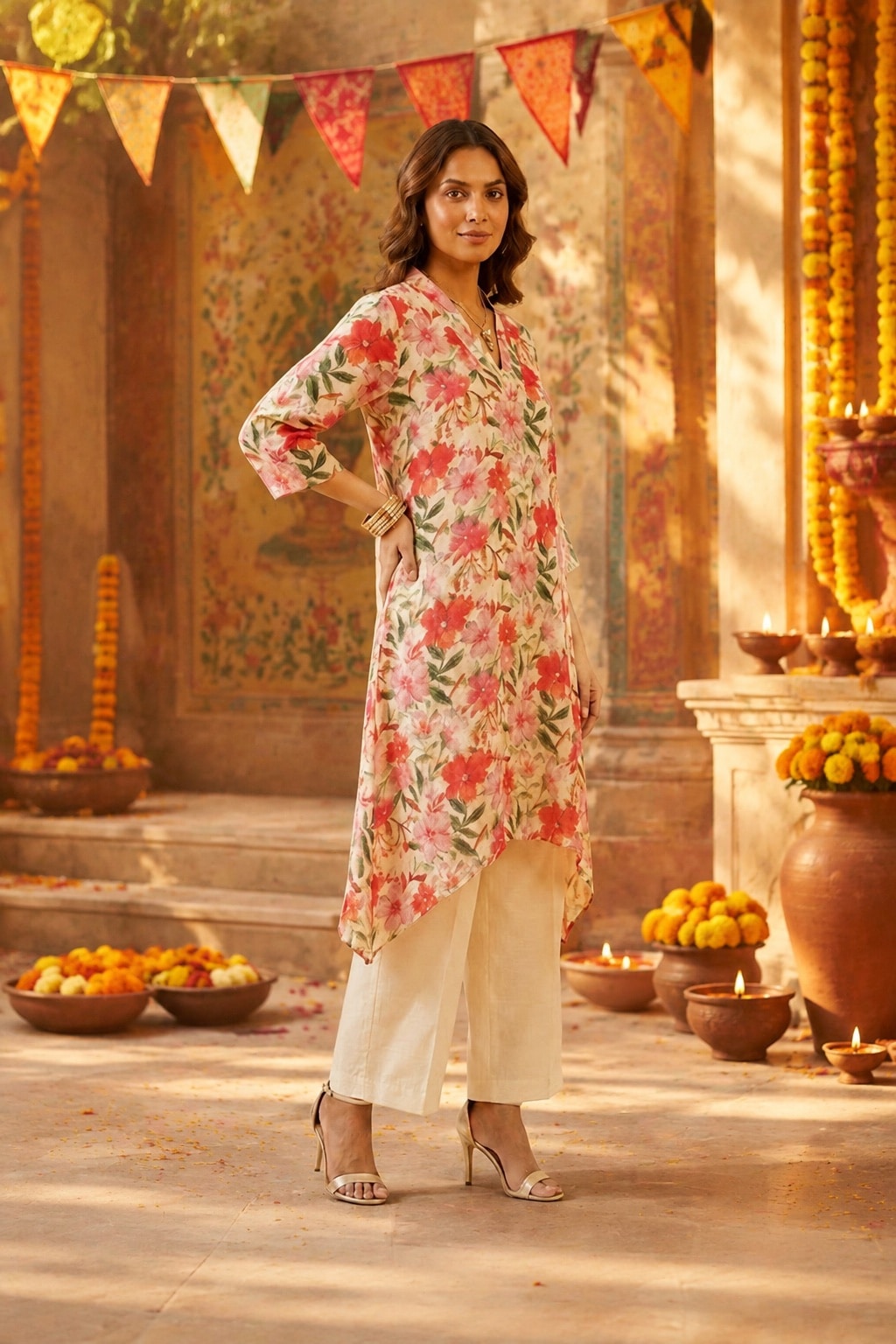Woman wearing an ivory floral high-low kurta in a festive Dussehra courtyard