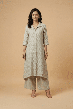 Beige woven jacquard kurta set with collared button-down kurta and palazzo pants