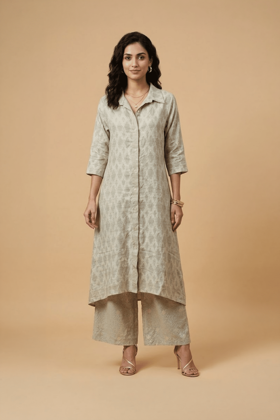 Sand Beige Woven Jacquard Shirt Kurta & Palazzo Set