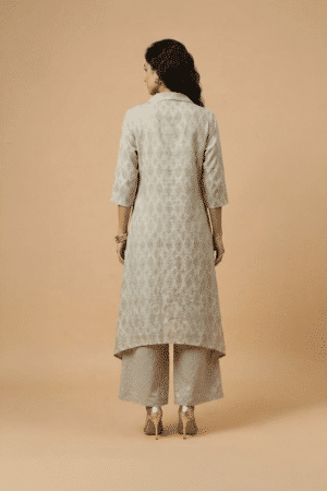 Beige woven jacquard kurta set with collared button-down kurta and palazzo pants