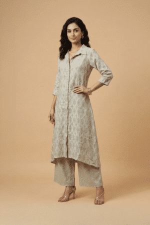 Beige woven jacquard kurta set with collared button-down kurta and palazzo pants