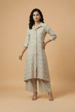 Beige woven jacquard kurta set with collared button-down kurta and palazzo pants