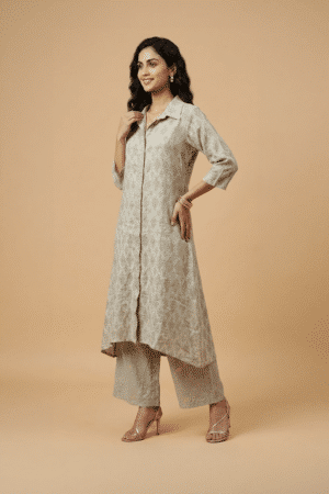 Beige woven jacquard kurta set with collared button-down kurta and palazzo pants