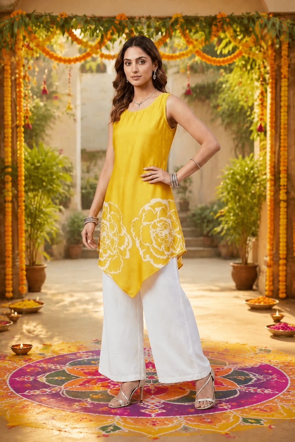 Woman wearing a yellow Indo-Western tunic set for Navratri celebrations