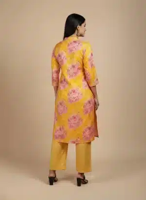 Yellow floral kurta set back view with pink rose print