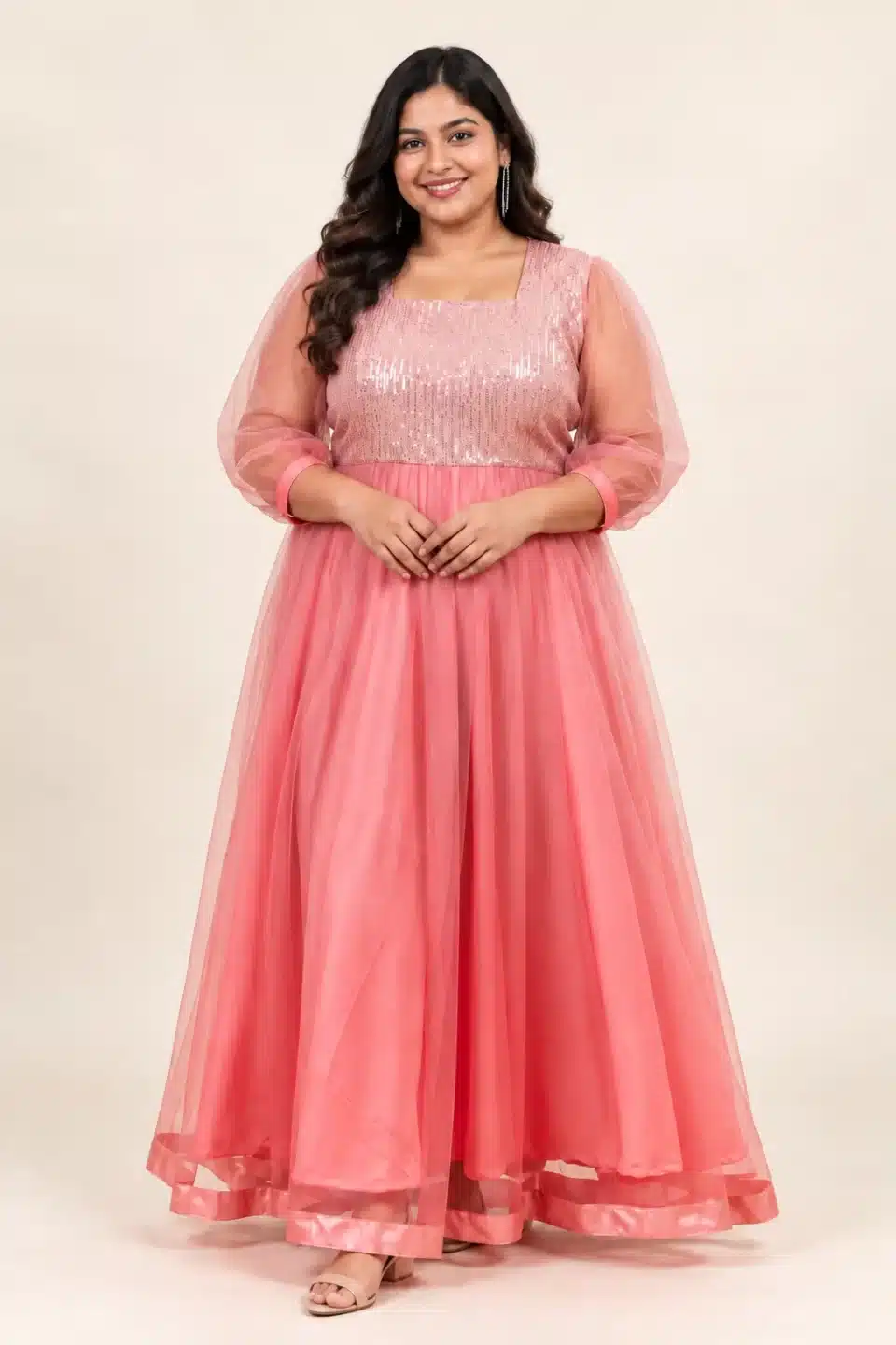 Coral Pink Shimmering Tulle Gown – Plus Size