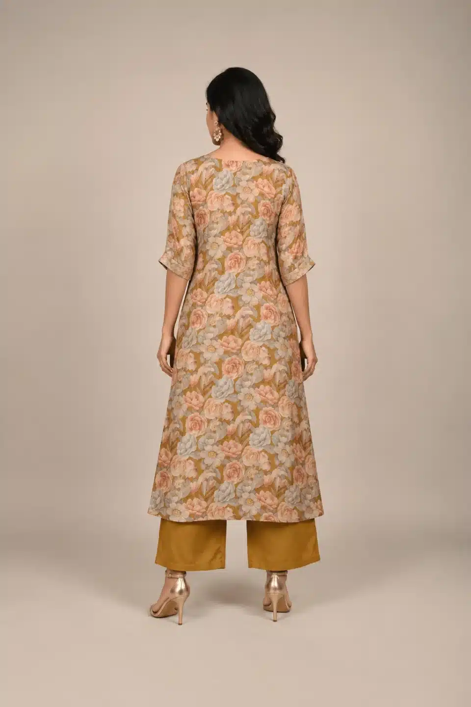 Rose floral A-line kurta with elbow-length sleeves and mustard palazzo pants, full-length back view.