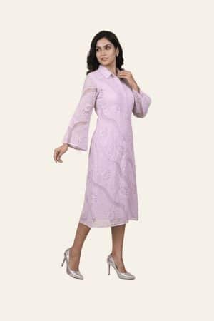 Lavender embroidered shirt-style dress, angled front view