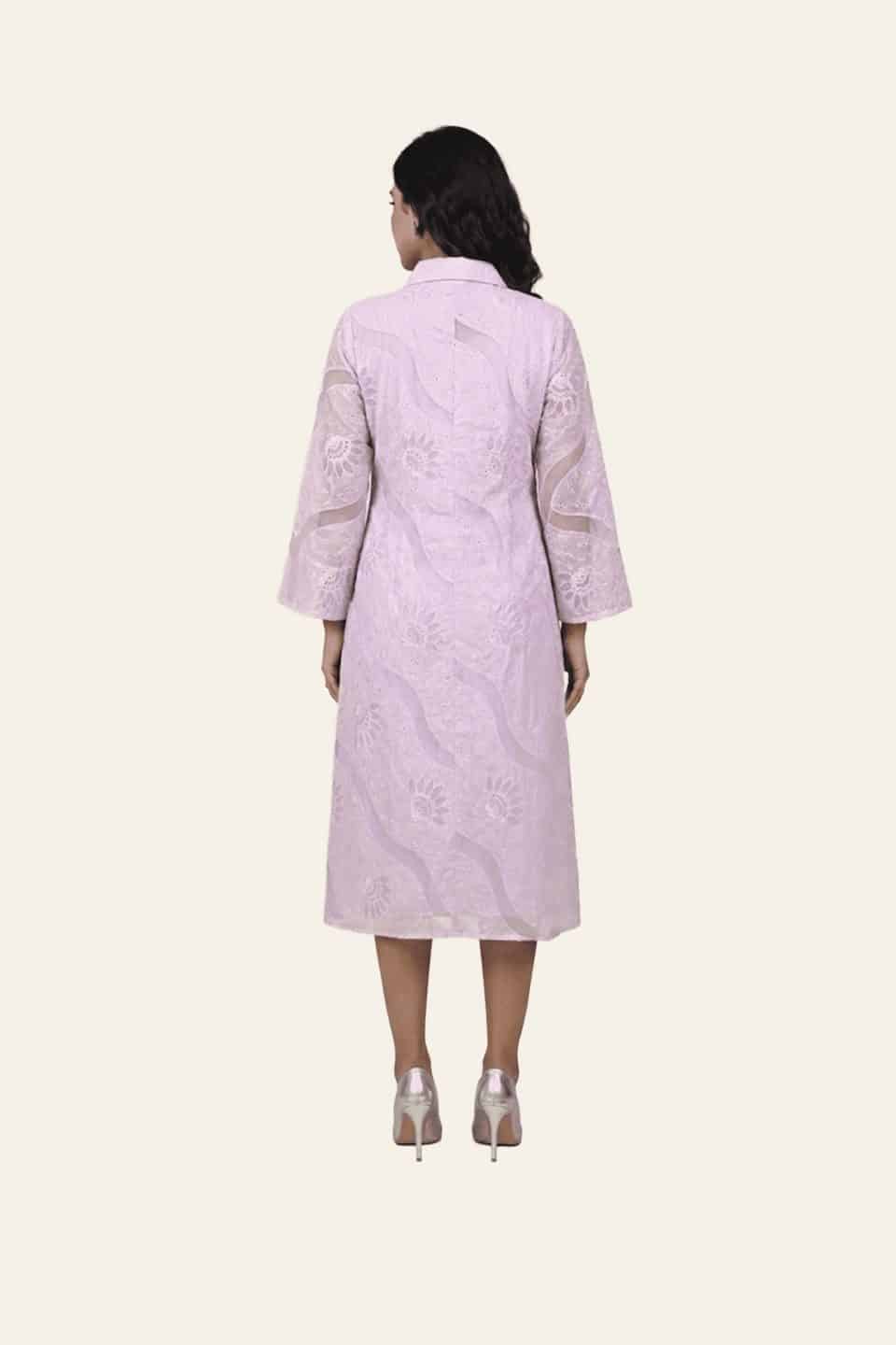 Lavender embroidered shirt-style dress, back view