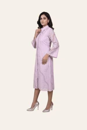 Lavender embroidered shirt-style dress, collar and sleeve view