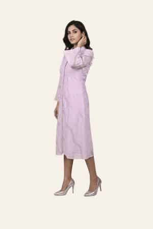 Lavender embroidered shirt-style dress, side view